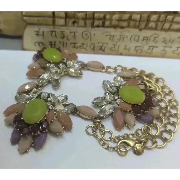 J.Crew Green Purple Maroon GoldTone Gemstone Floral Necklace Statement - Picture 5 of 5